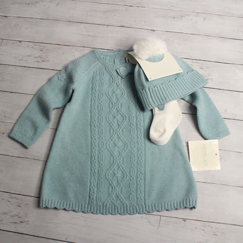 Rachel Zoe Baby Girl's Sweater Dress Pom Pom Hat Tights Set Size 24 Months Blue
